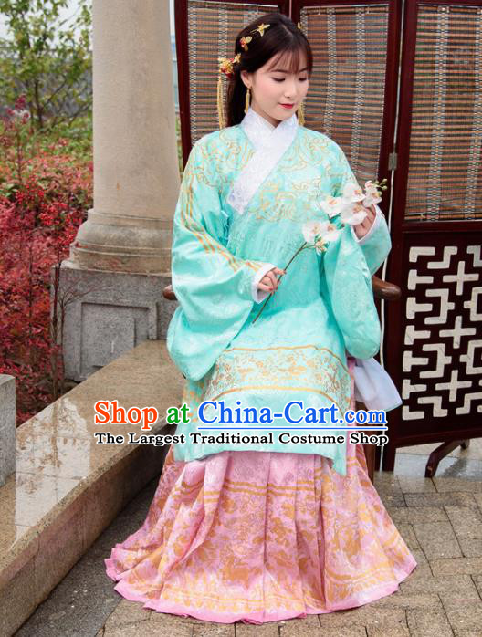 Traditional Chinese Ancient Ming Dynasty Palace Princess Costumes Green Cloak and Pink Skirt for Women