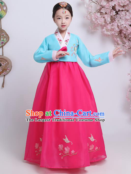 Asian Korean Traditional Costumes Korean Hanbok Blue Blouse and Rosy Skirt for Kids