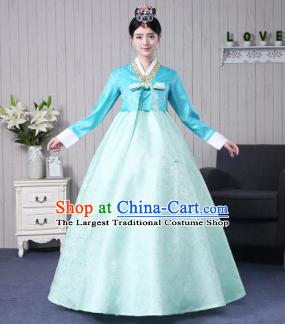 Traditional Korean Palace Costumes Asian Korean Hanbok Bride Blue Blouse and Green Skirt for Women