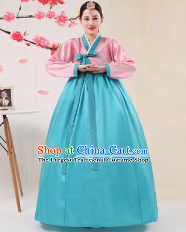 Korean Traditional Palace Costumes Asian Korean Hanbok Bride Pink Blouse and Blue Skirt for Women