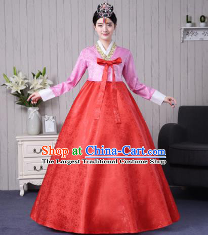 Traditional Korean Palace Costumes Asian Korean Hanbok Bride Pink Blouse and Red Skirt for Women