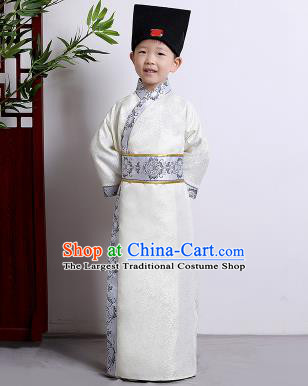 Chinese Ancient Scholar Costumes Traditional White Robe for Kids