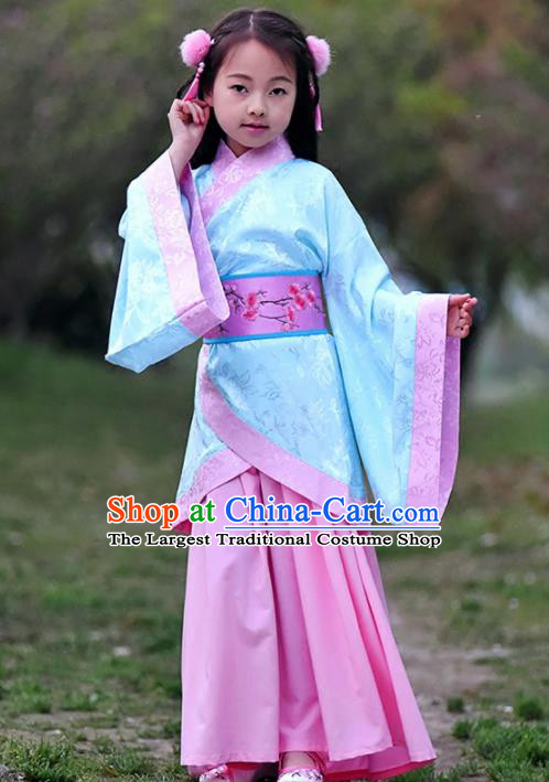 Chinese Ancient Han Dynasty Princess Costumes Traditional Blue Curving-Front Robe for Kids