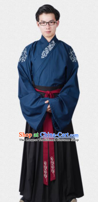 Chinese Ancient Traditional Ming Dynasty Scholar Blue Costumes Complete Set for Men