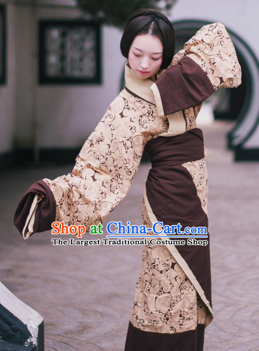 Traditional Chinese Han Dynasty Princess Costume Ancient Brown Curving-Front Robe for Women