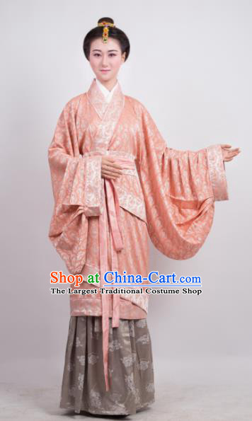 Traditional Chinese Han Dynasty Countess Pink Curving-Front Robe Ancient Palace Lady Costume for Women