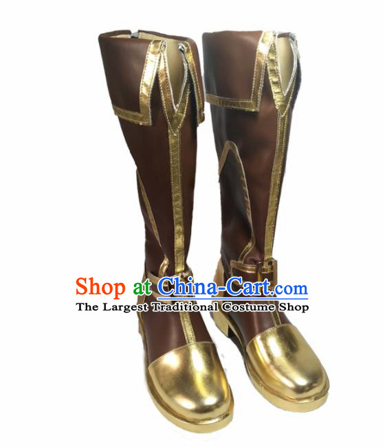 Asian Chinese Cosplay Cartoon Knight Shoes Ancient Swordsman Brown Boots for Men
