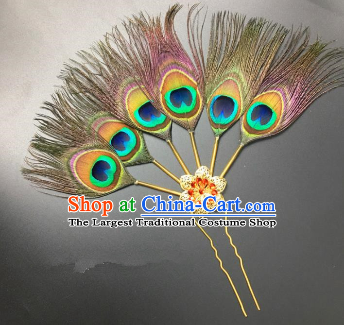 Traditional Chinese Bride Hair Accessories Peacock Feather Hairpins for Women