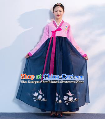 Top Grade Korean Traditional Costumes Asian Korean Hanbok Bride Pink Blouse and Navy Skirt for Women