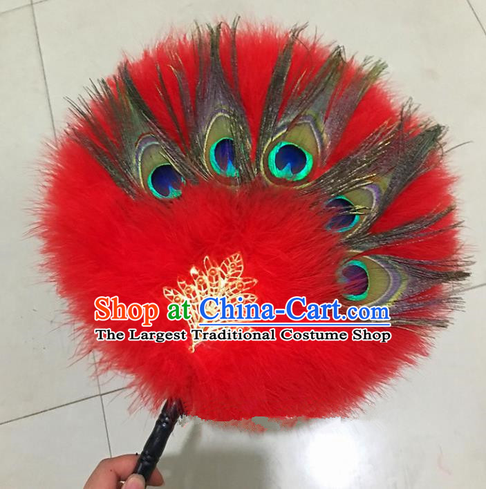 Traditional Chinese Crafts Red Feather Palace Fan China Round Dance Feather Fans