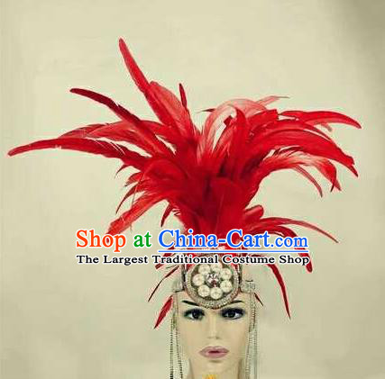 Professional Stage Performance Hair Accessories Brazilian Carnival Cosplay Red Feather Royal Crown for Women