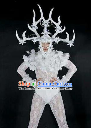 Professional Stage Performance Costume Halloween Cosplay Clown White Clothing and Antlers Headwear for Men