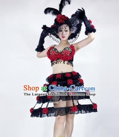 Professional Stage Performance Halloween Costume Brazilian Carnival Black Dress and Headwear for Women