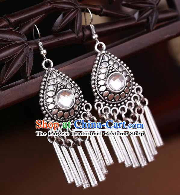 Chinese Traditional Jewelry Accessories Miao Minority Wedding Sliver Tassel Earrings for Women
