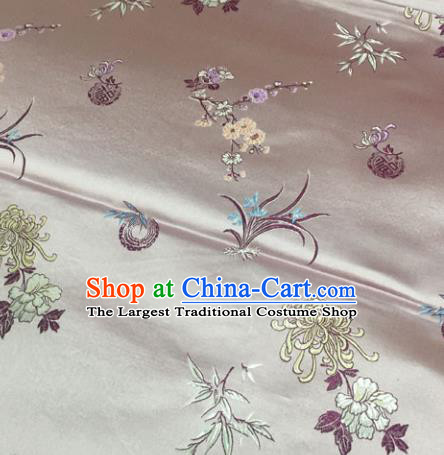 Chinese Traditional Silk Fabric Tang Suit Pink Brocade Cheongsam Plum Blossom Orchid Bamboo and Chrysanthemum Pattern Cloth Material Drapery