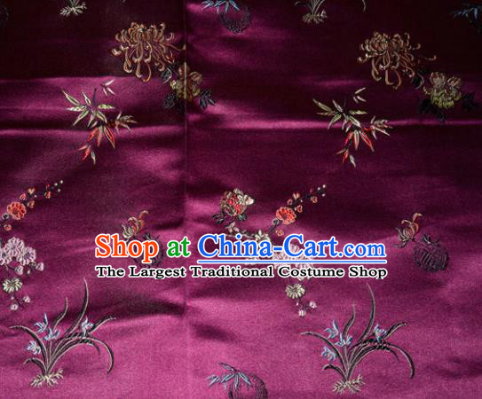 Chinese Traditional Silk Fabric Tang Suit Purple Brocade Cheongsam Plum Blossom Orchid Bamboo and Chrysanthemum Pattern Cloth Material Drapery