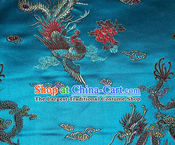 Chinese Traditional Silk Fabric Dragon Phoenix Peony Pattern Tang Suit Blue Brocade Cloth Cheongsam Material Drapery