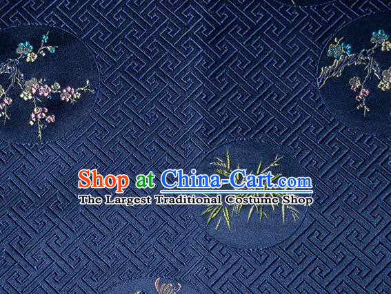 Chinese Traditional Silk Fabric Plum Blossom Orchid Bamboo Chrysanthemum Pattern Tang Suit Deep Blue Brocade Cloth Cheongsam Material Drapery