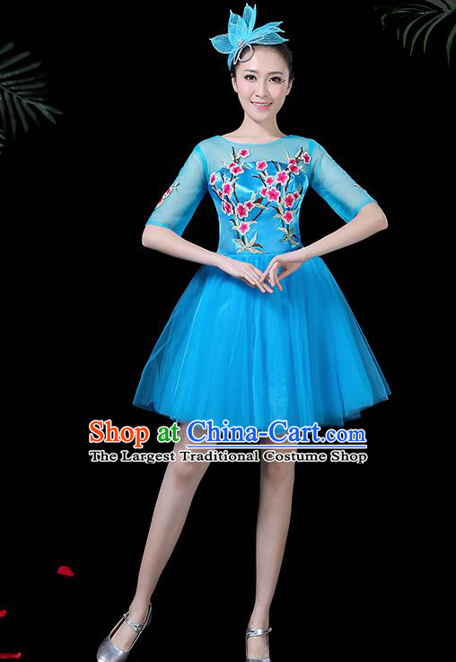 Professional Modern Dance Costume Chorus Blue Bubble Veil Dress for Women