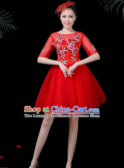 Professional Modern Dance Costume Chorus Red Bubble Veil Dress for Women