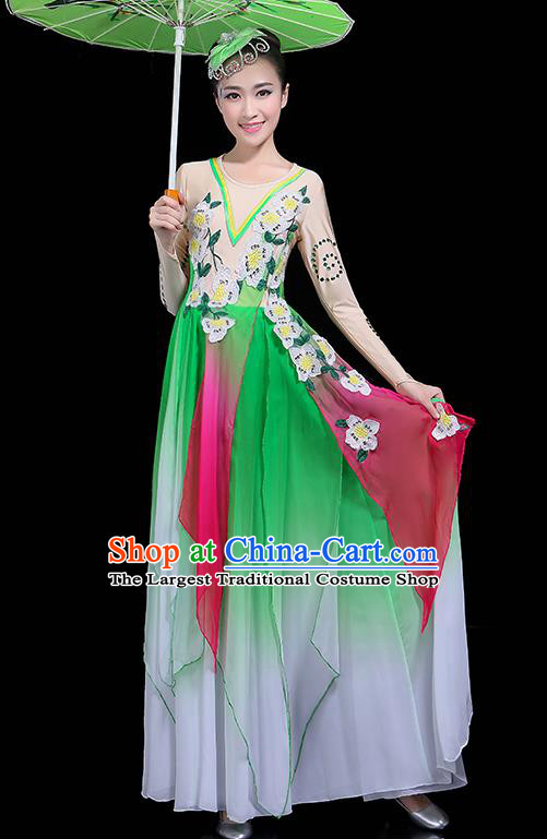 Traditional Fan Dance Classical Dance Green Dress Chinese Folk Dance Umbrella Dance Costume for Women