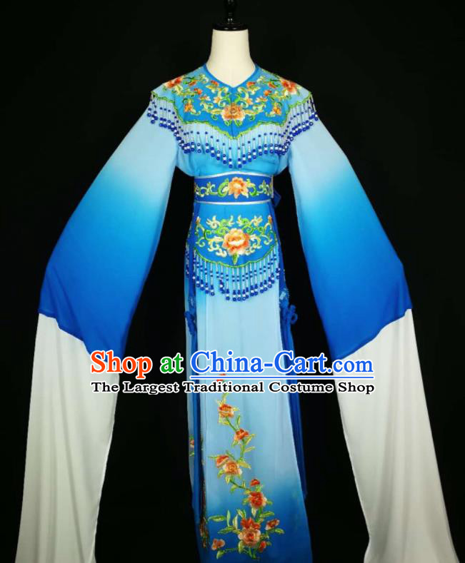 Chinese Traditional Beijing Opera Diva Embroidered Peony Royalblue Dress Peking Opera Princess Costume for Adults