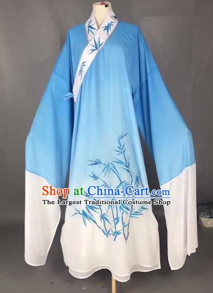 Chinese Traditional Beijing Opera Scholar Costume Peking Opera Embroidered Bamboo Blue Robe for Adults
