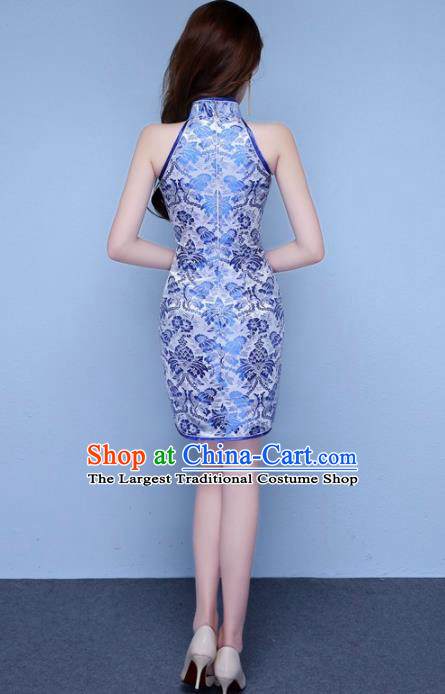 Chinese Traditional Qipao Dress Classical Costume Blue Short Cheongsam for Women