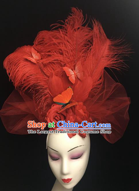 Top Brazilian Carnival Stage Show Headpiece Halloween Catwalks Red Feather Hair Accessories for Women