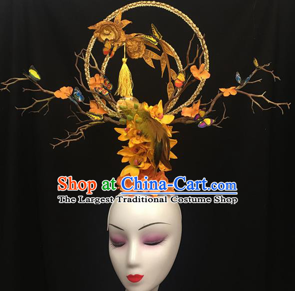 Chinese Stage Show Embroidered Yellow Hair Accessories Traditional Catwalks Palace Headdress for Women