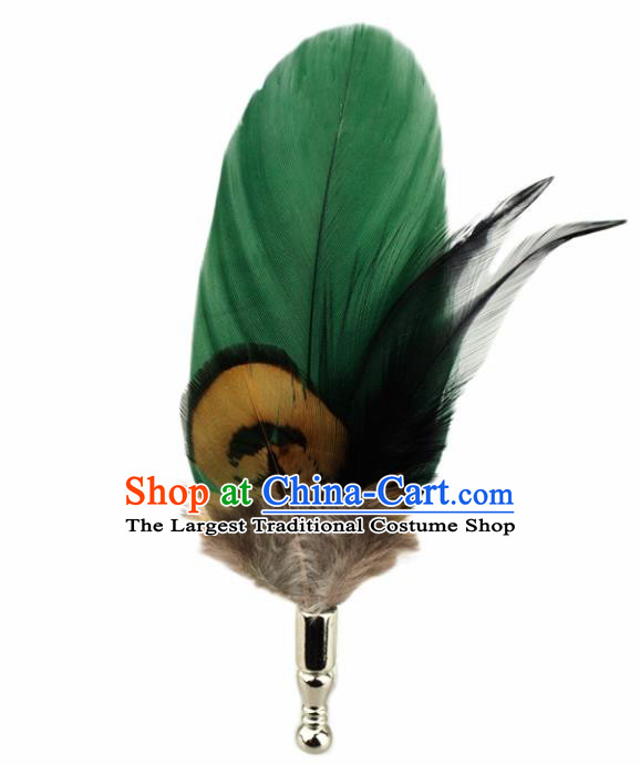 Handmade Green Feather Breastpin Accessories Stage Show Peacock Feather Brooch for Women