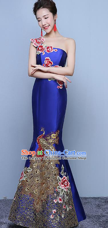 Chinese Traditional Embroidered Peony Royalblue Qipao Dress Classical Costume Elegant Cheongsam for Women
