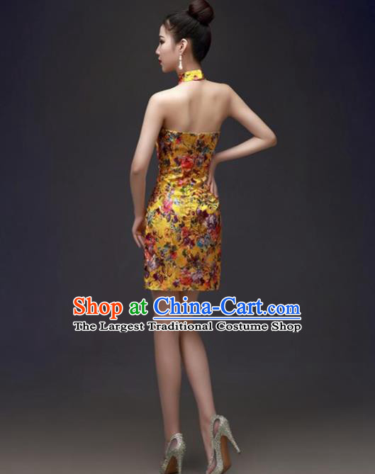 Chinese Traditional Yellow Short Qipao Dress Classical Costume Elegant Cheongsam for Women