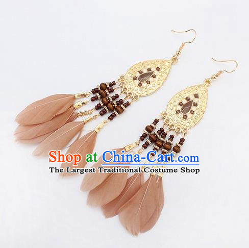 Handmade Bohemian Champagne Feather Earrings Stage Show Dance Ear Accessories for Women