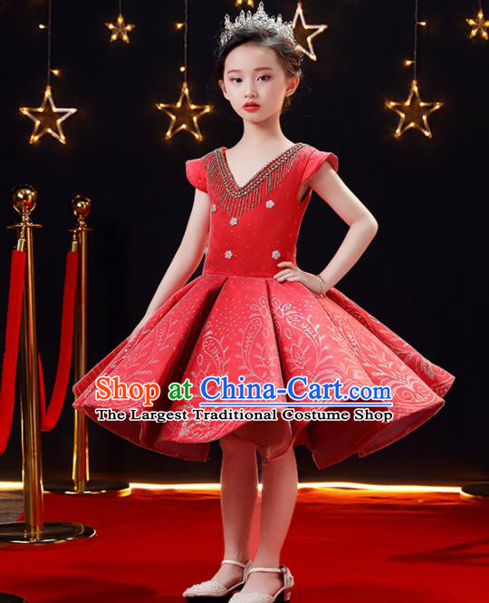 Top Modern Dance Costume Children Opening Dance Compere Catwalks Performance Red Bubble Full Dress for Girls Kids