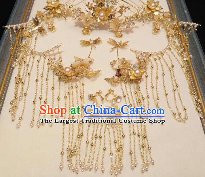 Top Chinese Traditional Wedding Phoenix Coronet Classical Pearls Tassel Hairpins Headdress for Women