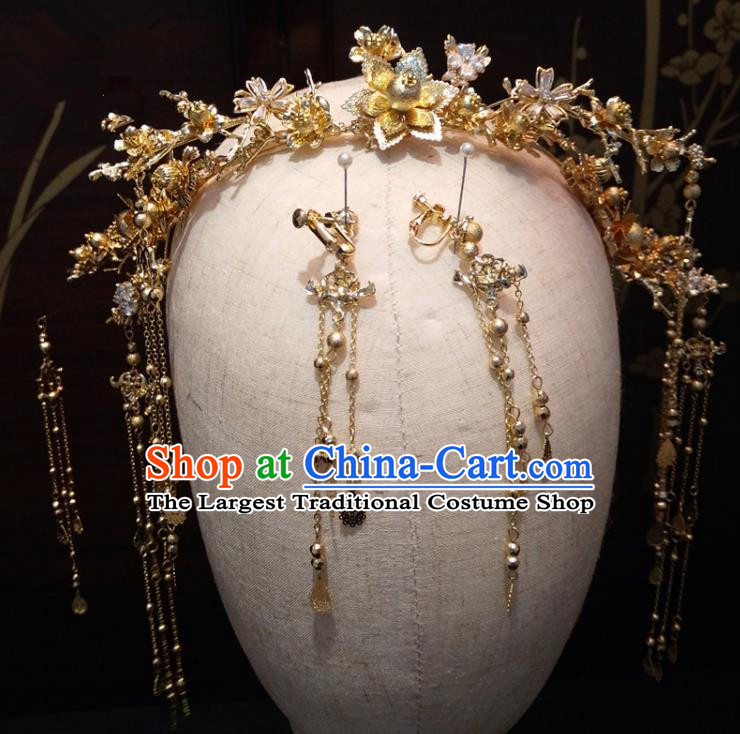 Top Chinese Traditional Wedding Golden Flowers Phoenix Coronet Classical Hairpins Headdress for Women