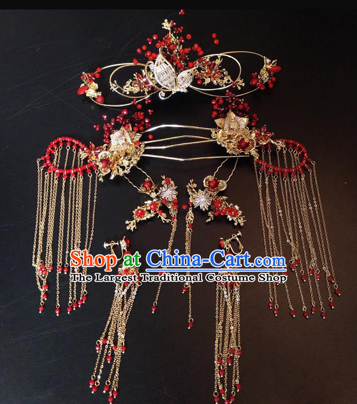 Top Chinese Traditional Wedding Hair Accessories Classical Red Beads Phoenix Coronet Hairpins Headdress for Women