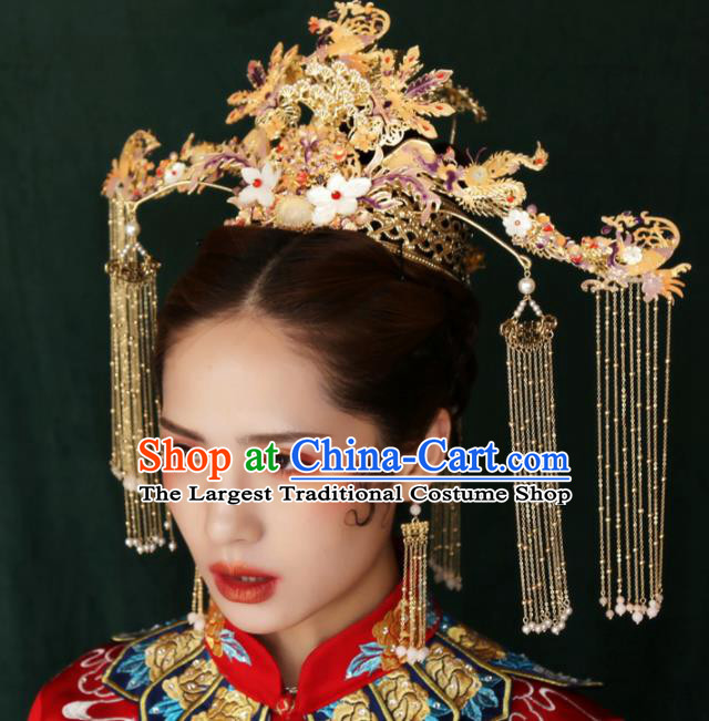 Top Chinese Traditional Hair Accessories Ancient Wedding Golden Phoenix Coronet Palace Hairpins Complete Set for Women