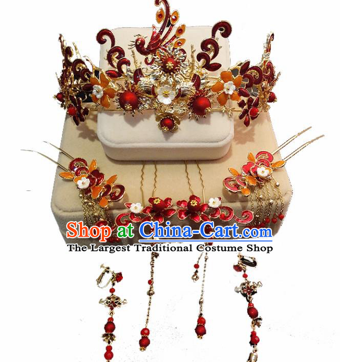Top Chinese Traditional Wedding Hair Accessories Ancient Red Phoenix Coronet Hairpins Complete Set for Women
