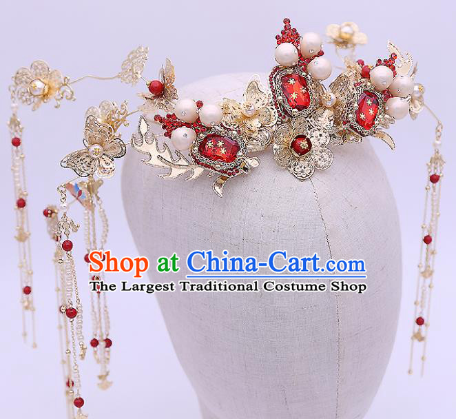 Top Chinese Ancient Traditional Wedding Hair Accessories Red Gem Phoenix Coronet Hairpins Complete Set for Women