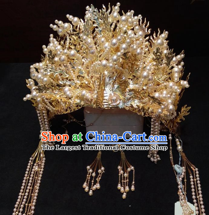 Top Chinese Traditional Wedding Hair Accessories Ancient Golden Tassel Phoenix Coronet Hairpins Headdress for Women