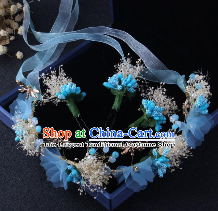 Top Grade Baroque Hair Accessories Catwalks Blue Flowers Garland Hairpins for Women
