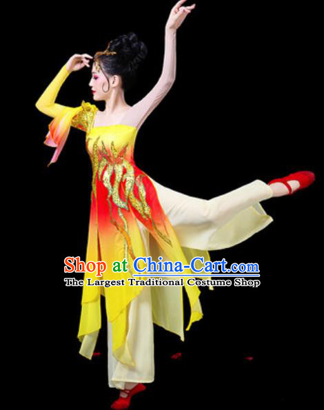 Chinese Classical Dance Costumes Traditional Umbrella Dance Group Dance Yellow Dress for Women