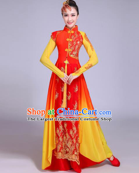 Chinese Classical Dance Costumes Traditional Group Dance Umbrella Dance Red Dress for Women