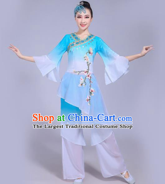 Chinese Traditional Yangko Dance Costumes Folk Dance Fan Dance Blue Clothing for Women