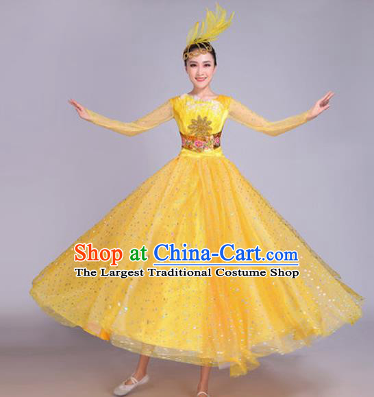Professional Modern Dance Yellow Veil Dress Stage Show Chorus Group Dance Costumes for Women