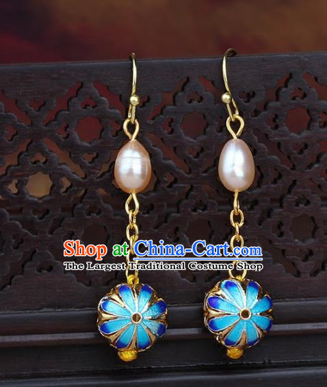 Chinese Yunnan National Classical Pearls Blueing Earrings Traditional Ear Jewelry Accessories for Women