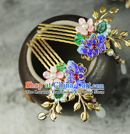 Handmade Chinese Traditional Blueing Chrysanthemum Hair Combs Traditional Classical Hanfu Hair Accessories for Women