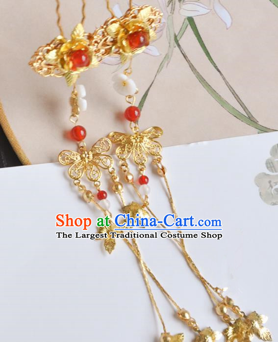 Handmade Chinese Traditional Golden Tassel Hairpins Ancient Classical Hanfu Hair Accessories for Women